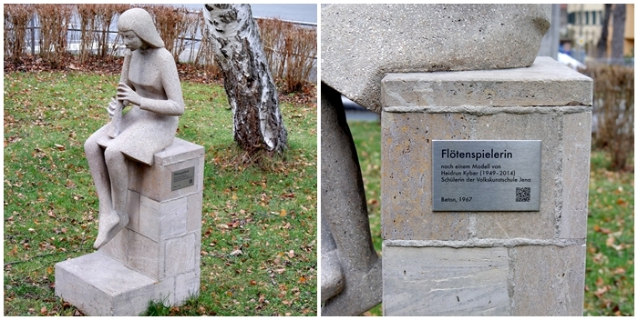 Betonplastik einer Flötenspielerin nach der Sanierung